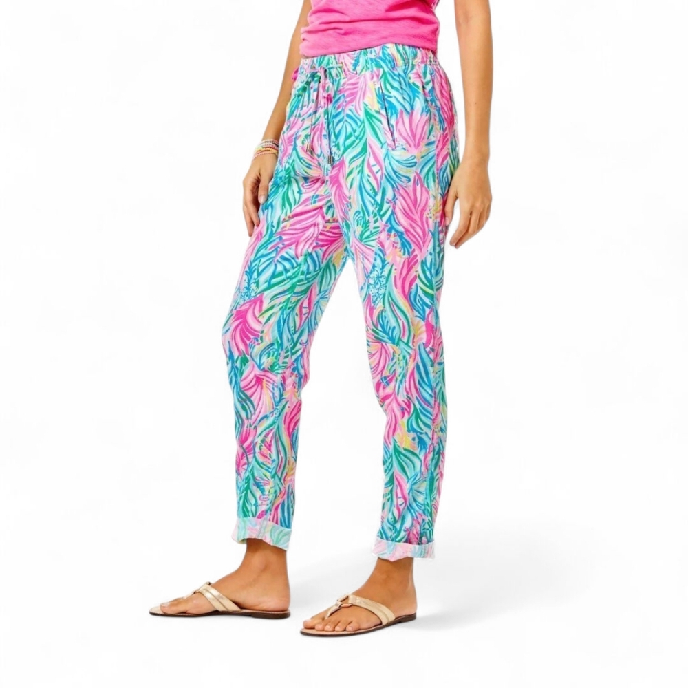 Lilly‎ Pulitzer Tropical Linen Sea Turtle Soirée Taron Pants | Sz M Coastal Boho